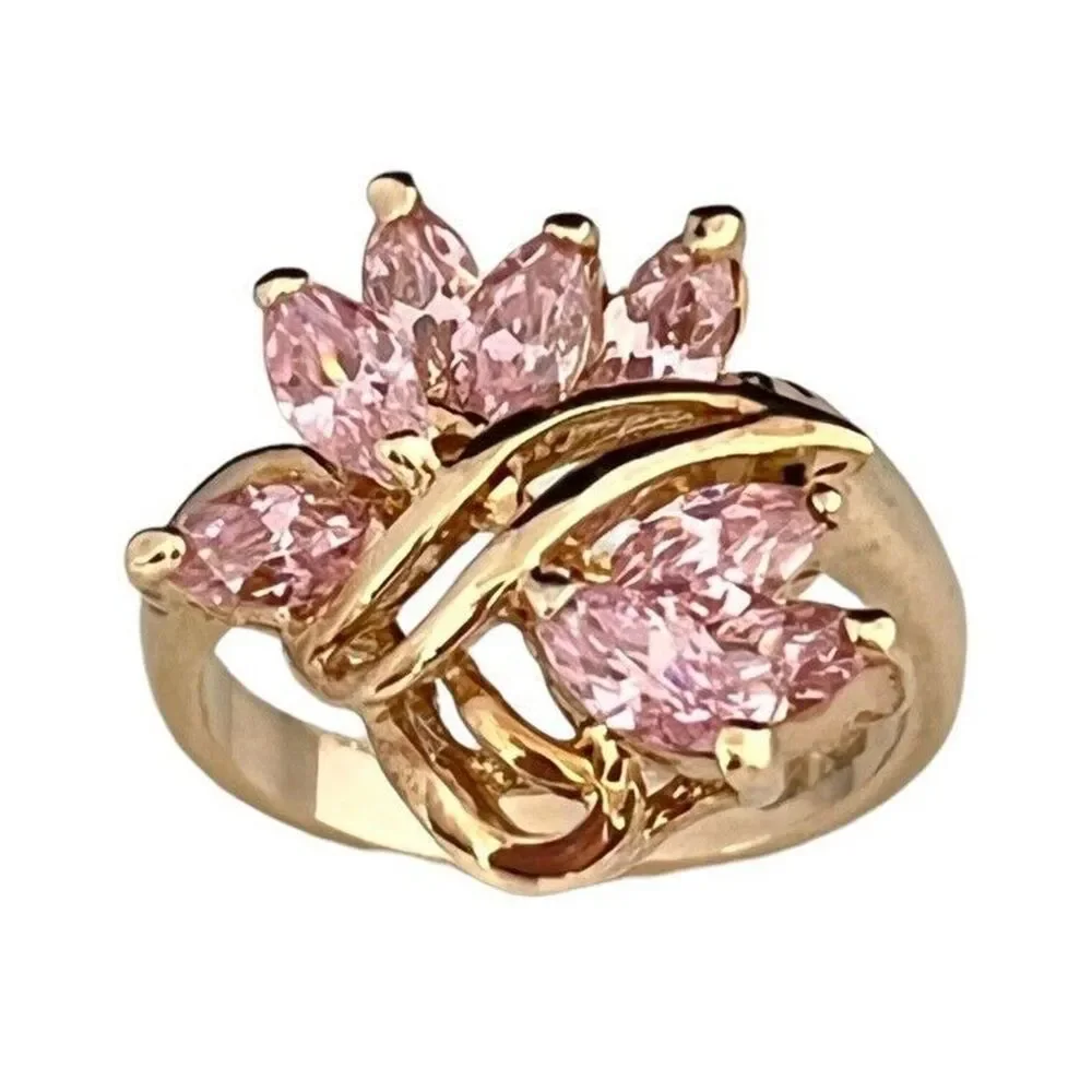 Vintage 1980s Pink CZ Cluster Ring Size 6 14KTGE Gold Plate - 14D